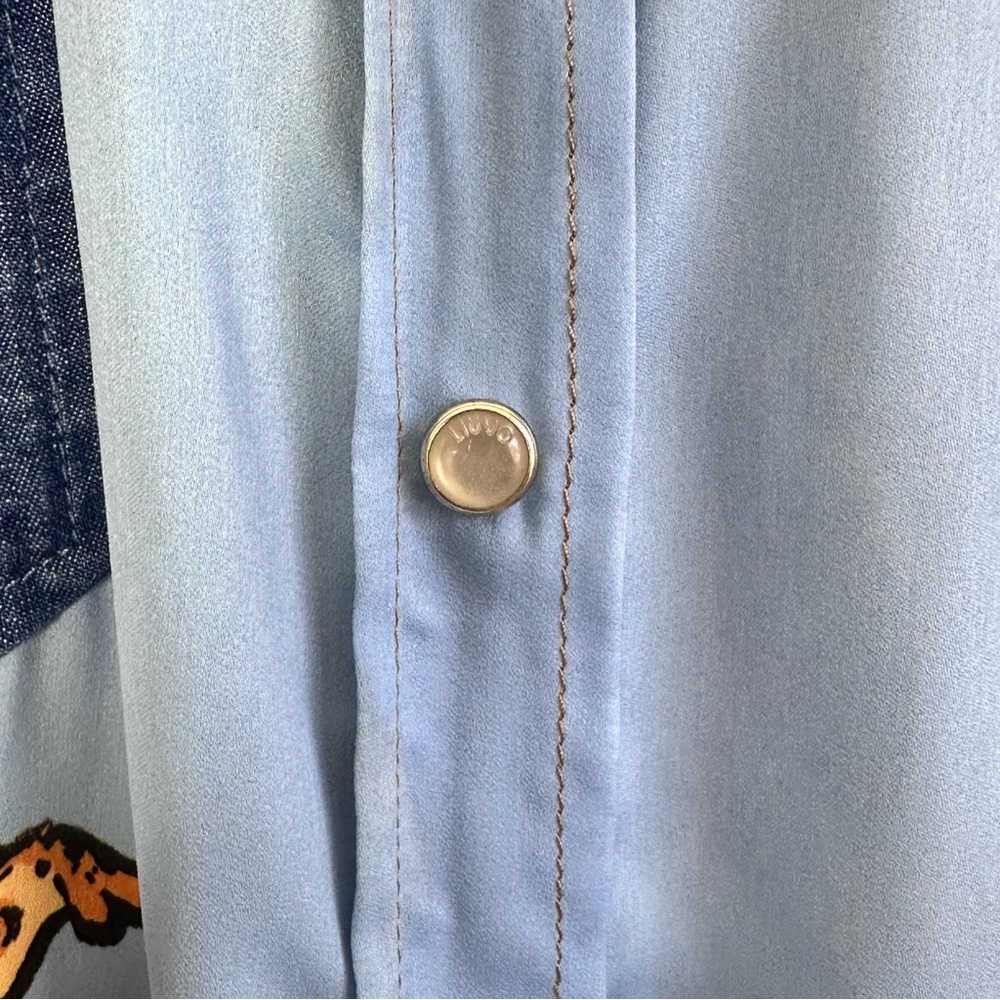 Liu Jo Floral Leopard Denim Mini Shirt Dress in Blue and Gold - Picture 8 of 12